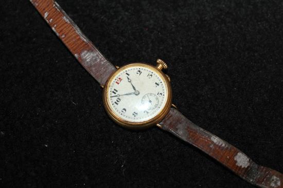 Gold trench wristwatch, with Arabic dial and subsidiary seconds